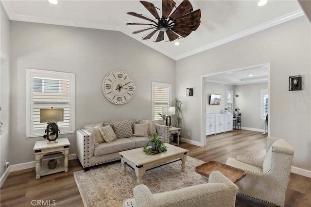 32840 Northshire Cir, Temecula, CA 92592 - living area with healthy amount of natural light, wood finished floors, crown molding, a ceiling fan, and recessed lighting