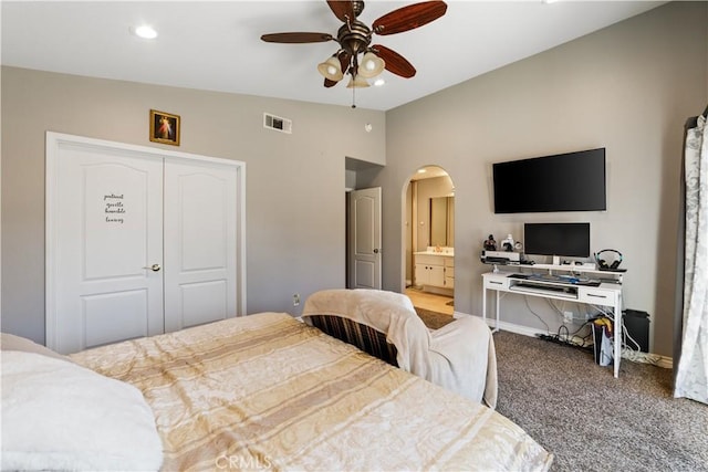 23770 Waterleaf Cir, Moreno Valley, CA 92557 - carpeted bedroom with vaulted ceiling, arched walkways, recessed lighting, baseboards, and a ceiling fan
