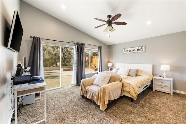 23770 Waterleaf Cir, Moreno Valley, CA 92557 - bedroom featuring access to outside, vaulted ceiling, carpet floors, ceiling fan, and recessed lighting