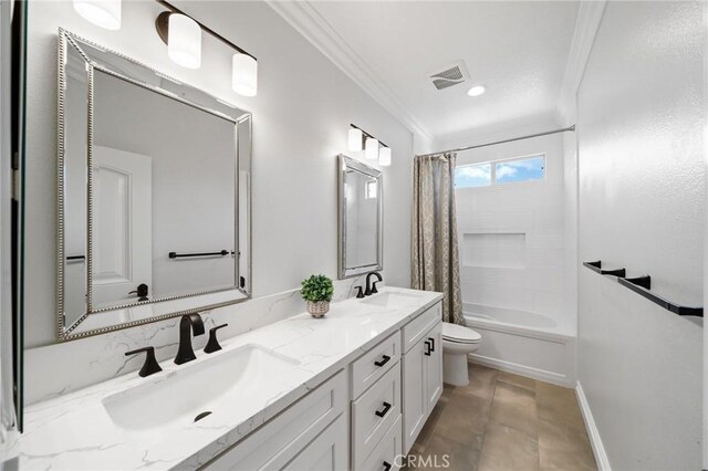 2583 N Skytop Ct, Orange, CA 92867 - full bathroom with ornamental molding, toilet, shower / bath combination with curtain, double vanity, and baseboards