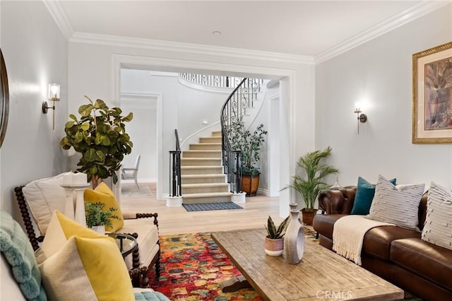 2583 N Skytop Ct, Orange, CA 92867 - living room with light wood finished floors, stairs, ornamental molding, and baseboards