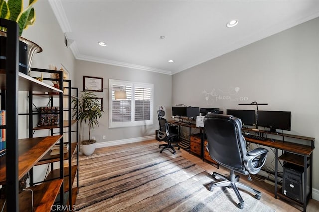 2583 N Skytop Ct, Orange, CA 92867 - office with baseboards, ornamental molding, wood finished floors, and recessed lighting