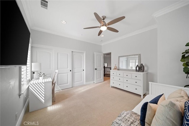 2583 N Skytop Ct, Orange, CA 92867 - bedroom featuring ornamental molding, light colored carpet, a ceiling fan, baseboards, and recessed lighting