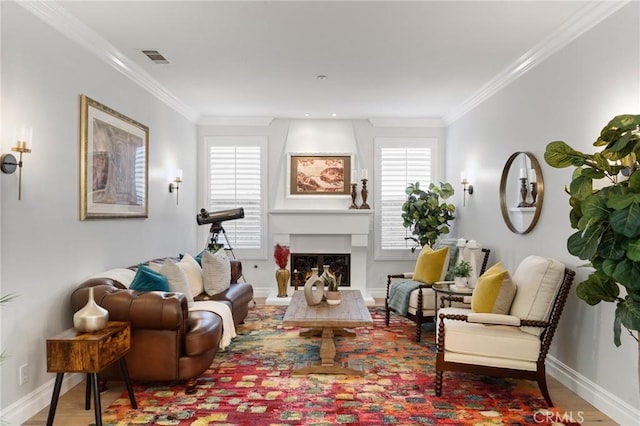 2583 N Skytop Ct, Orange, CA 92867 - living area featuring ornamental molding, wood finished floors, baseboards, and a fireplace