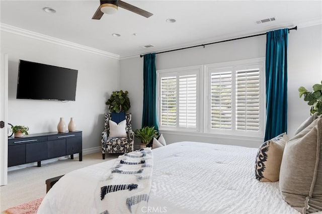 2583 N Skytop Ct, Orange, CA 92867 - bedroom with crown molding, light carpet, recessed lighting, baseboards, and ceiling fan