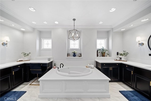 2583 N Skytop Ct, Orange, CA 92867 - full bathroom with ornamental molding, recessed lighting, a bath, and marble finish flooring