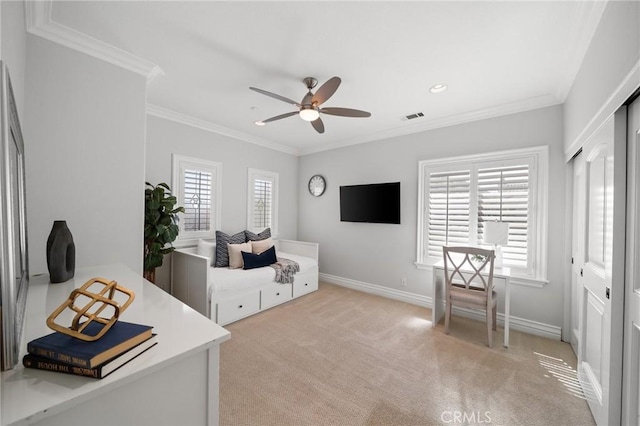 2583 N Skytop Ct, Orange, CA 92867 - bedroom featuring light carpet, baseboards, ornamental molding, recessed lighting, and a ceiling fan