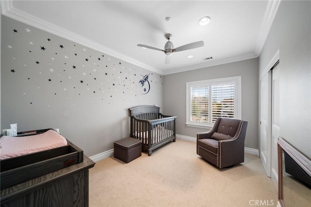 2583 N Skytop Ct, Orange, CA 92867 - bedroom with light carpet, crown molding, a closet, baseboards, and ceiling fan