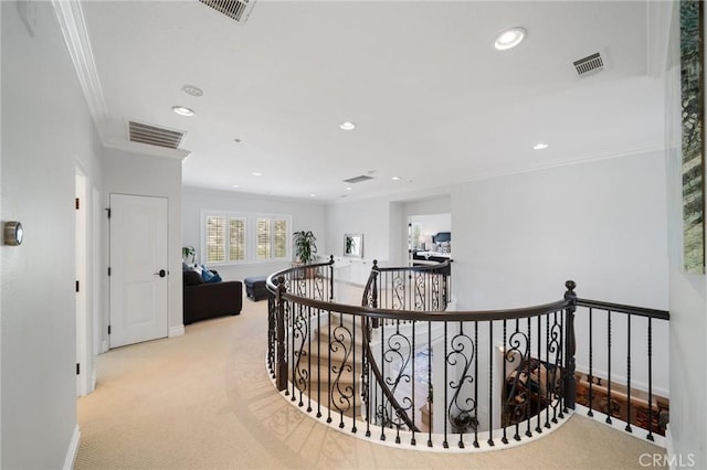 2583 N Skytop Ct, Orange, CA 92867 - hallway with an upstairs landing, crown molding, recessed lighting, baseboards, and carpet flooring