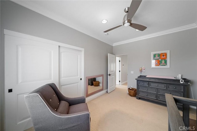 2583 N Skytop Ct, Orange, CA 92867 - bedroom featuring crown molding, light carpet, a closet, baseboards, and recessed lighting
