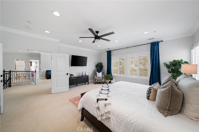 2583 N Skytop Ct, Orange, CA 92867 - bedroom with multiple windows, light carpet, recessed lighting, ornamental molding, and a ceiling fan