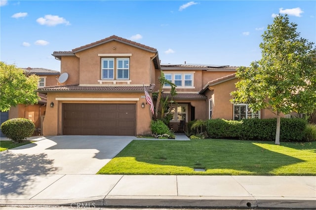 46397 Kohinoor Way, Temecula, CA 92592 - view of front facade featuring a garage, a tile roof, concrete driveway, stucco siding, and a front lawn