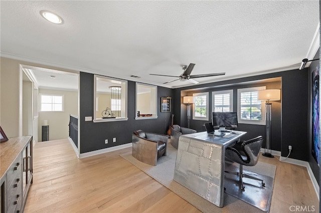 46397 Kohinoor Way, Temecula, CA 92592 - home office featuring crown molding, light wood-style flooring, a ceiling fan, and a textured ceiling
