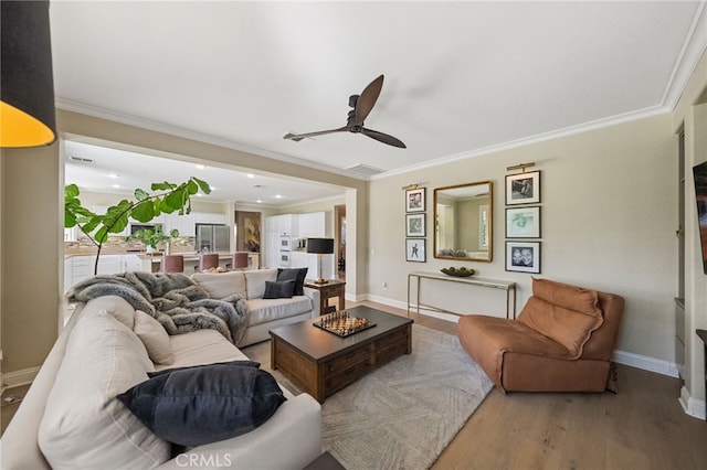 46397 Kohinoor Way, Temecula, CA 92592 - living room with hardwood / wood-style flooring, a ceiling fan, crown molding, and recessed lighting