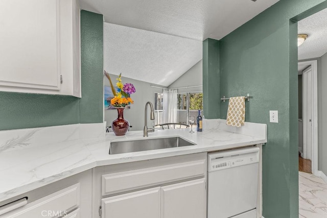 628 Daisy Ave Unit 420, Long Beach, CA 90802 - kitchen with dishwasher, a sink, a textured ceiling, white cabinetry, and light marble finish floors