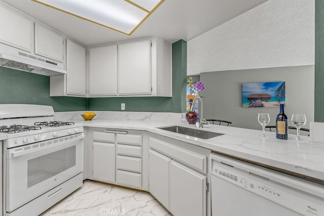 628 Daisy Ave Unit 420, Long Beach, CA 90802 - kitchen featuring white appliances, a sink, light marble finish floors, under cabinet range hood, and white cabinets