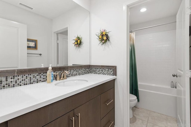4304 Pacifica Way Unit 2, Oceanside, CA 92056 - bathroom featuring vanity, shower / tub combo with curtain, backsplash, tile patterned floors, and recessed lighting