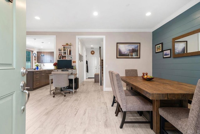 4304 Pacifica Way Unit 2, Oceanside, CA 92056 - dining space with ornamental molding, a desk, recessed lighting, and light wood-type flooring