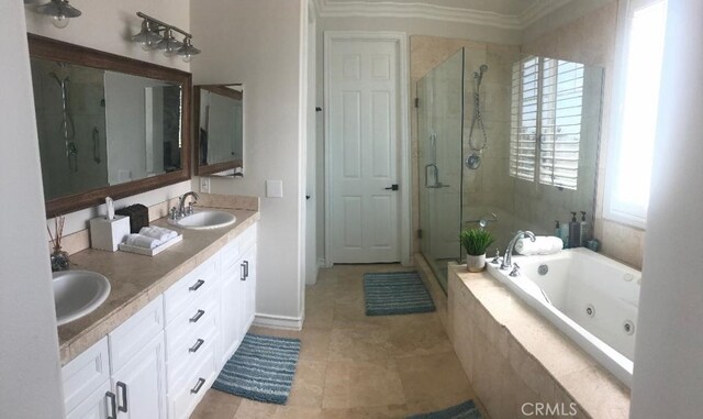 3401 5th Ave, Corona Del Mar, CA 92625 - full bathroom with a shower stall, a jetted tub, tile patterned floors, crown molding, and double vanity