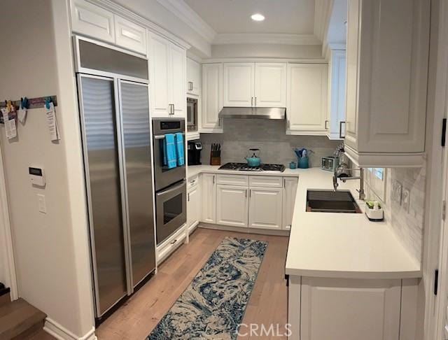 3401 5th Ave, Corona Del Mar, CA 92625 - kitchen featuring appliances with stainless steel finishes, crown molding, under cabinet range hood, light wood-type flooring, and light countertops