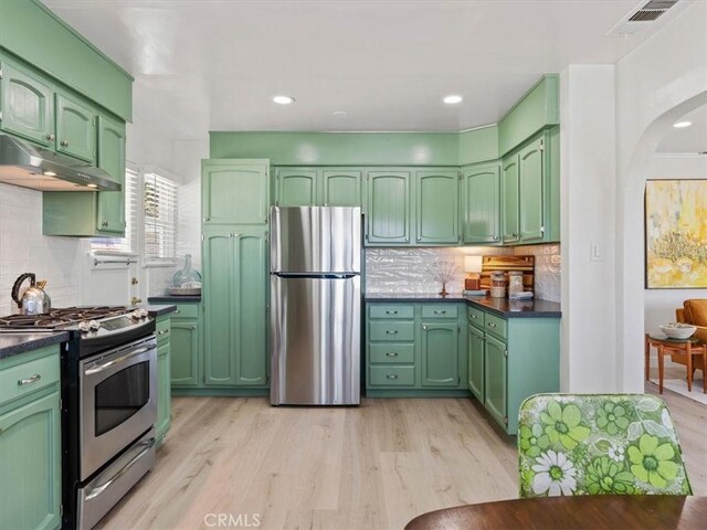 715 Bennett Ave, Arroyo Grande, CA 93420 - kitchen with appliances with stainless steel finishes, under cabinet range hood, green cabinets, dark countertops, and recessed lighting