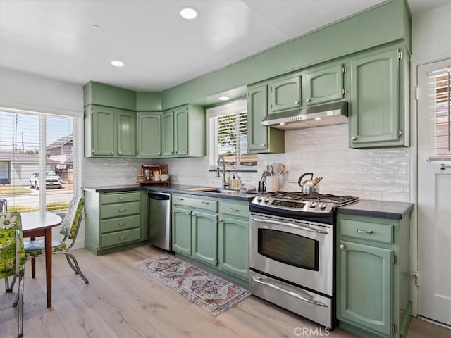 715 Bennett Ave, Arroyo Grande, CA 93420 - kitchen featuring stainless steel appliances, under cabinet range hood, green cabinetry, a sink, and decorative backsplash