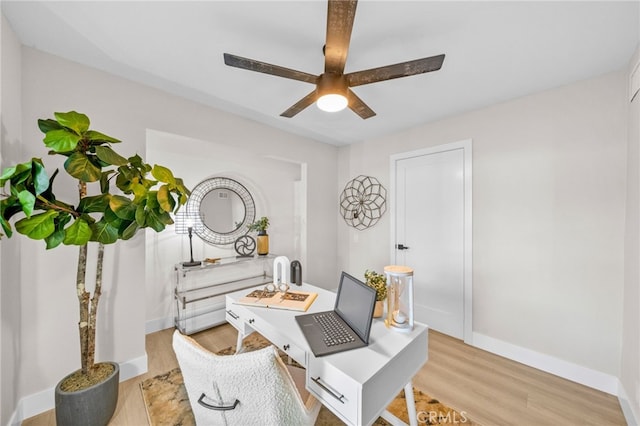 office area featuring light wood finished floors, ceiling fan, and baseboards