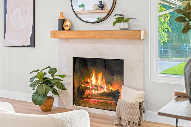 detailed view of a high end fireplace and wood finished floors