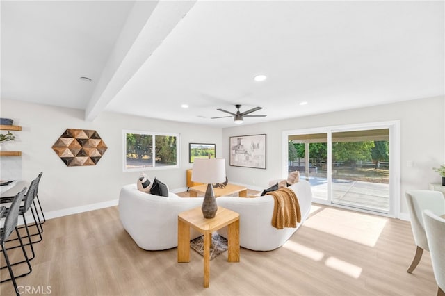 29140 Via Norte, Temecula, CA 92591 - living area with light wood-type flooring, plenty of natural light, recessed lighting, ceiling fan, and beamed ceiling