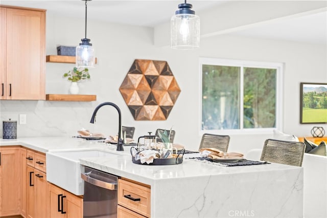 kitchen featuring dishwasher, open shelves, light stone counters, and light brown cabinets