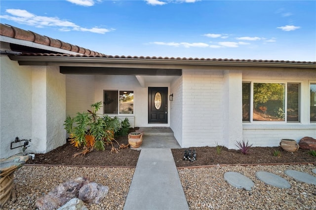 doorway to property featuring brick siding and stucco siding