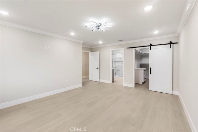 2202 Via Mariposa E Unit B, Laguna Woods, CA 92637 - unfurnished bedroom featuring light wood finished floors, baseboards, ornamental molding, recessed lighting, and a barn door