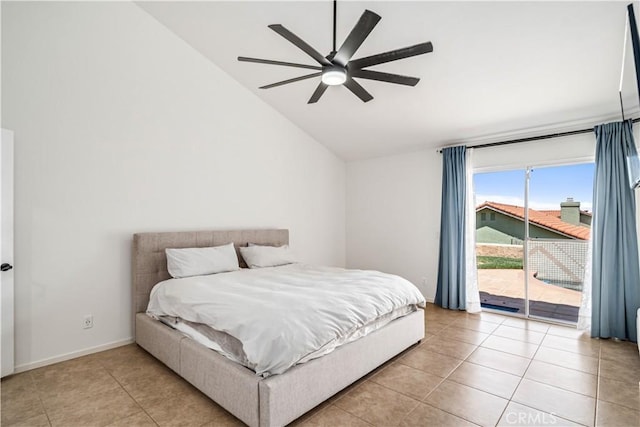 bedroom featuring vaulted ceiling, access to exterior, light tile patterned floors, and a ceiling fan