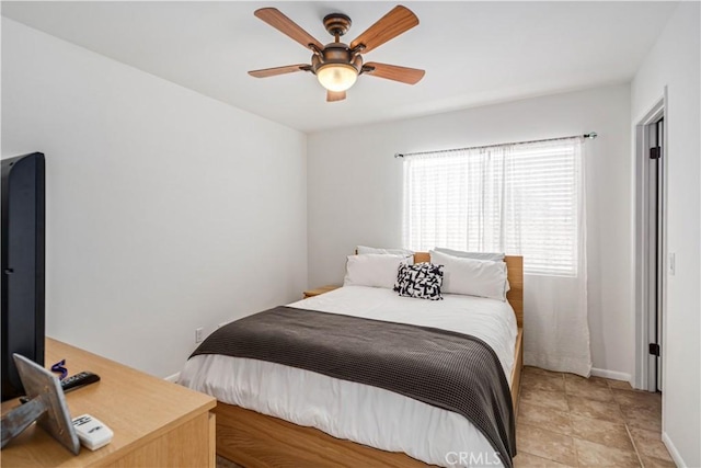 bedroom with ceiling fan and baseboards