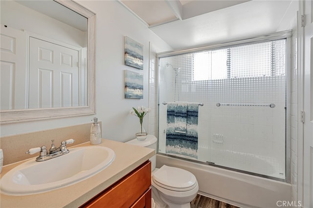 762 Dragonfly Ct, San Jose, CA 95133 - full bathroom featuring vanity, shower / bath combination with glass door, toilet, and wood finished floors