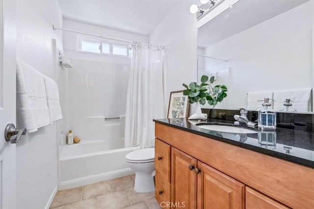 1360 El Moro Ave, Los Osos, CA 93402 - bathroom featuring toilet, tile patterned flooring, shower / tub combo with curtain, vanity, and baseboards
