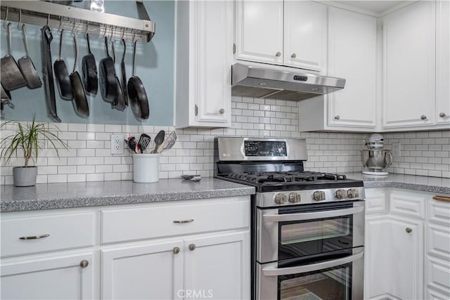 2871 Anza Ln, Costa Mesa, CA 92626 - kitchen featuring double oven range, under cabinet range hood, and white cabinets