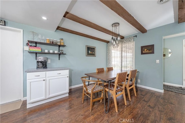2871 Anza Ln, Costa Mesa, CA 92626 - dining area featuring beamed ceiling, baseboards, dark wood-style flooring, and recessed lighting