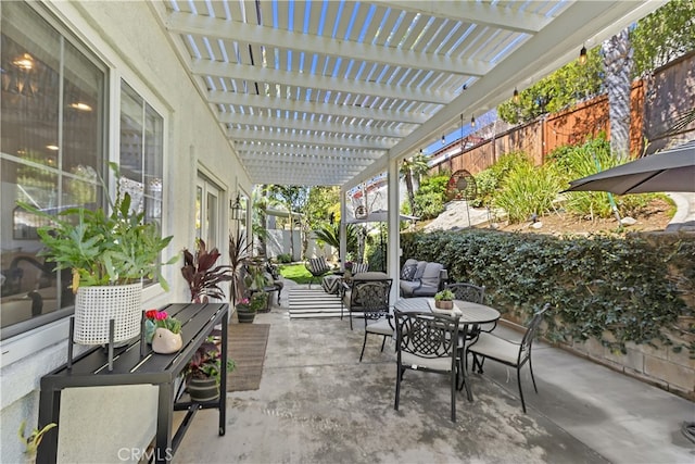 11934 Timber Mountain Ct, Rancho Cucamonga, CA 91739 - view of patio / terrace with a fenced backyard, a pergola, and outdoor dining space