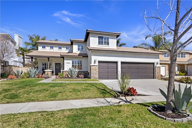 11934 Timber Mountain Ct, Rancho Cucamonga, CA 91739 - mediterranean / spanish house featuring concrete driveway, stucco siding, brick siding, a garage, and a tile roof