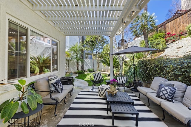11934 Timber Mountain Ct, Rancho Cucamonga, CA 91739 - view of patio with an outdoor living space, a fenced backyard, and a pergola