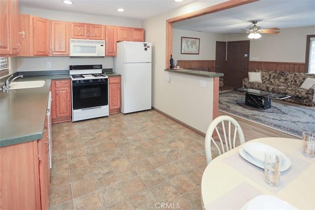 433 Conklin Rd, Big Bear Lake, CA 92315 - kitchen featuring white appliances, a sink, recessed lighting, ceiling fan, and dark countertops