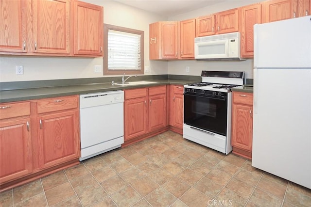 433 Conklin Rd, Big Bear Lake, CA 92315 - kitchen featuring white appliances, a sink, dark countertops, and stone finish flooring