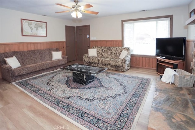 433 Conklin Rd, Big Bear Lake, CA 92315 - living area featuring wainscoting, wood walls, a ceiling fan, and wood finished floors