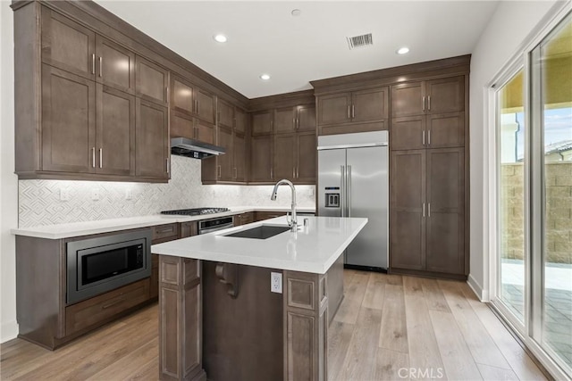 20702 W Chestnut Cir, Porter Ranch, CA 91326 - kitchen featuring built in appliances, a sink, under cabinet range hood, light wood finished floors, and healthy amount of natural light