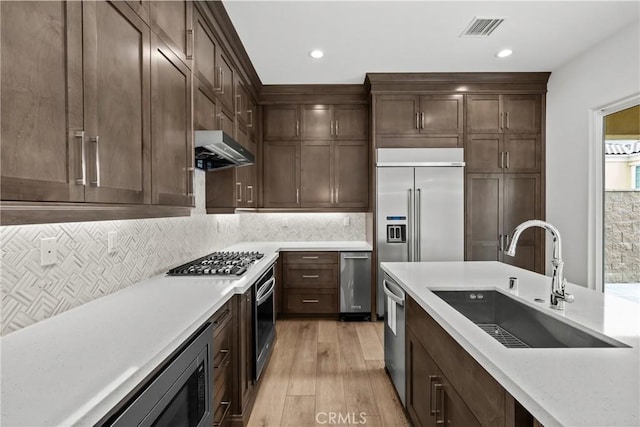20702 W Chestnut Cir, Porter Ranch, CA 91326 - kitchen featuring a sink, built in appliances, under cabinet range hood, light wood-style flooring, and light countertops