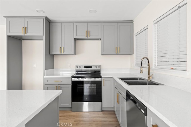 2134 Via Puerta Unit O, Laguna Woods, CA 92637 - kitchen with stainless steel electric range oven, gray cabinets, dishwasher, and recessed lighting