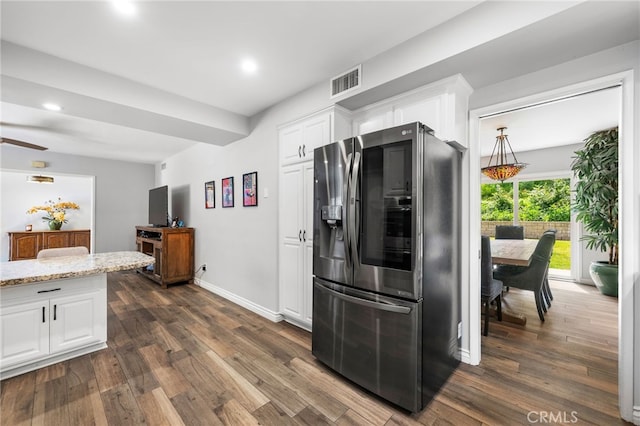 8204 Clemens Ave, West Hills, CA 91304 - kitchen featuring smart refrigerator, white cabinets, dark wood finished floors, recessed lighting, and light stone countertops