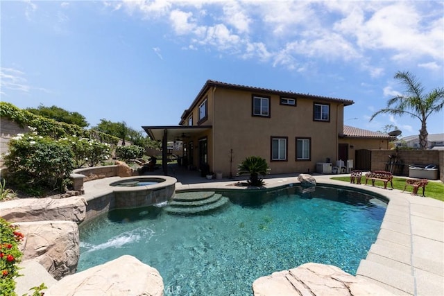 6122 Glen Abbey Pl, Fontana, CA 92336 - view of swimming pool featuring a patio area, ceiling fan, fence, and a pool with connected hot tub