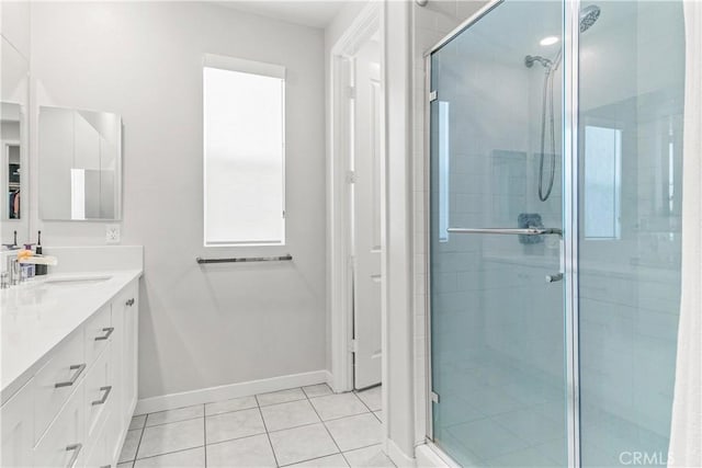 27218 Narrowleaf Willow Ln, Valencia, CA 91381 - bathroom with a stall shower, baseboards, tile patterned floors, and vanity